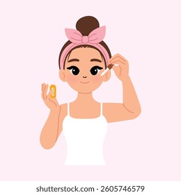 Young Beautiful Woman Wearing White Tank Top with Pink Shower Headband Holding Serum Bottle and Applying Serum to Her Facial Skin illustration