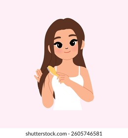 Young Beautiful Woman Wearing White Tank Top Combing Her Hair with Hairbrush illustration