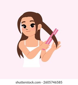Young Beautiful Woman Wearing White Tank Top Styling Hair with Hair Straightener illustration