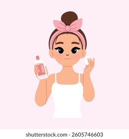 Young Beautiful Woman Wearing White Tank Top with Pink Shower Headband Holding Toner Bottle and Using Cotton Pad to Applying Toner to Her Facial Skin illustration