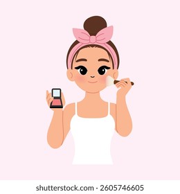 Young Beautiful Woman Wearing White Tank Top with Pink Shower Headband Putting Makeup with Blush on illustration