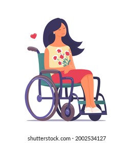 Young beautiful woman in a wheelchair. In the hands of a presented bouquet of flowers. Happy face in love. Life with disabilities. Vector cartoon isolated illustration
