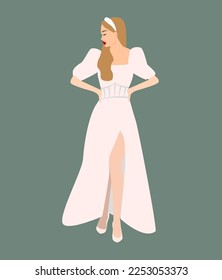 A young beautiful woman in a white dress. Festive wedding dress. Stylish evening image of a woman. Blonde girl in stylish accessories and a long dress. Fantasy image of a fairy. It looks stylish