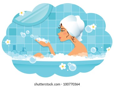 young beautiful woman with white towel on her head taking a relaxing bubble bath