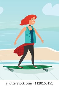  Young beautiful woman who is wearing casual clothes, riding a skateboard.