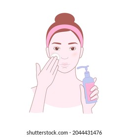 Young beautiful woman wipes her face with a sponge. Makeup remover. Vector illustration isolated on white background