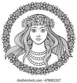 Young beautiful woman in a wreath of flowers on her head, with floral frame. Black and white hand-drawn vector illustration. Coloring page for adults