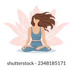 Young beautiful woman in a yoga pose on the background of a lotus flower. Sports, healthy lifestyle. Illustration, vector