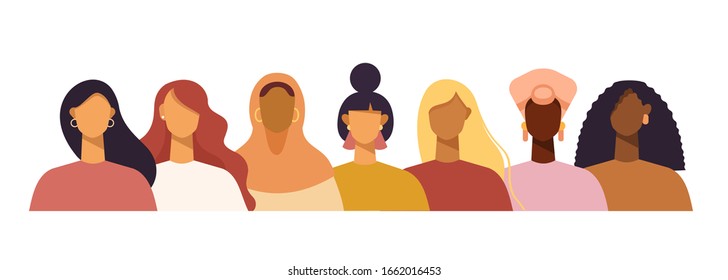 Young beautiful women of different nationalities. African, Asian, European, Muslim. Struggle for freedom, independence, equality. Ethnic beauty. Vector illustration, flat design, white isolated. 