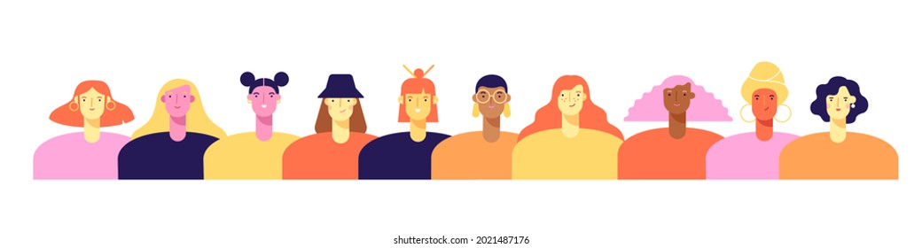 Young beautiful women of different nationalities. African, Asian, European, Muslim. Struggle for freedom, independence, equality. Ethnic beauty. Vector illustration, flat design, white isolated