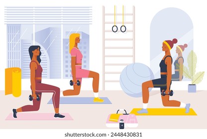 Young beautiful women doing fitness exercises in sport class. Training with sport equipment. Healthy and sporty lifestyle. Vector illustration