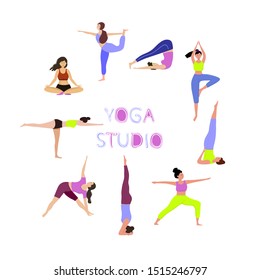 Young beautiful women doing yoga in studio.Yoga school, class, center.Girls in yoga poses.Vector illustration.  