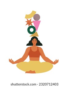 Young beautiful women with geometric shapes. Female mental health, process brain, positive mind. Girl with yoga balance. Self care, love, wellbeing. Art vector illustration.