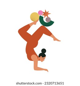 Young beautiful women with geometric shapes. Female mental health, process brain, positive mind. Girl with acrobat balance. Self care, love, wellbeing. Art vector illustration.