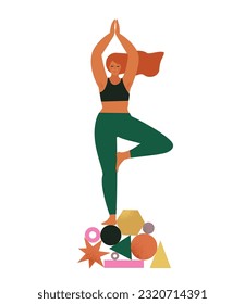 Young beautiful women with geometric shapes. Female mental health, process brain, positive mind. Girl with acrobat balance. Self care, love, wellbeing. Art vector illustration