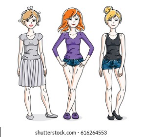 Young beautiful women group standing wearing casual clothes. Vector characters set. Fashion and lifestyle theme cartoons.