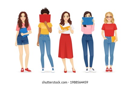 Young beautiful women holding books. Group of female friends isolated vector illustration