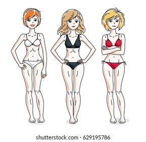 Young beautiful women posing in colorful bikini. Vector set of beautiful people illustrations. Slim female with perfect body.