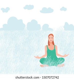 Young beautiful women sitting in field with grass performing yoga exercise. Female cartoon character sitting in lotus posture and meditating vipassana meditation. Girl with crossed legs flat isolated.