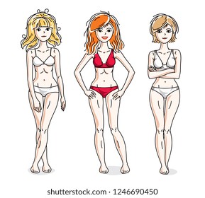 Young beautiful women standing wearing colorful bikini. Vector diversity people illustrations set.