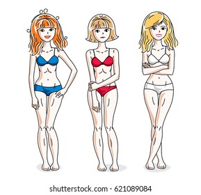 Young beautiful women standing wearing colorful bikini. Vector diversity people illustrations set.