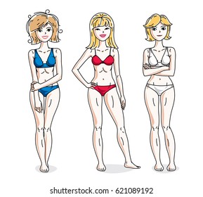 Young beautiful women standing wearing colorful bikini. Vector diversity people illustrations set.