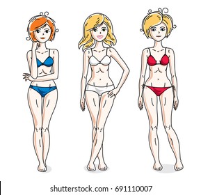 Young beautiful women standing wearing colorful bikini. Vector diversity people illustrations set.