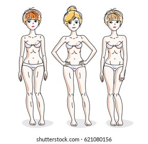 Young beautiful women standing in white underwear. Vector set of beautiful people illustrations. Slim female with perfect body.
