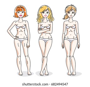 Young beautiful women standing in white underwear. Vector set of beautiful people illustrations.