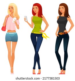 young beautiful women in summer fashion, jeans and colorful tops, holding a mobile phone. Lifestyle illustration. Isolated on white.