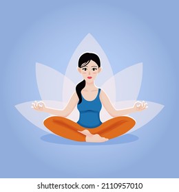 Young beautifull asian woman with curly hair practice yoga pose sitting on floor in lotus pose sakhusana