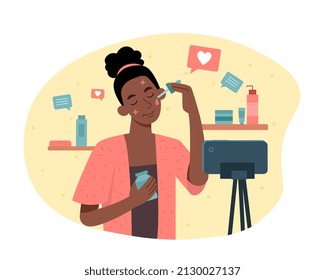 Young beauty blogger abstract concept. Nice woman tests cosmetic products, reviews procedures and shoots it on camera for her audience. Makeup training. Cartoon modern flat vector illustration