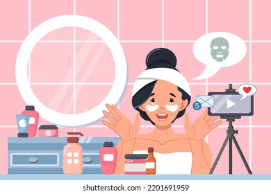 A young beauty blogger girl makes a review about cosmetics in her video blog in the bathroom. Video broadcast about cosmetics for body and face care, channel or blog . Vector illustration