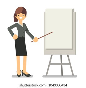 Young beauty business woman presenting. Vector character design flat style.
