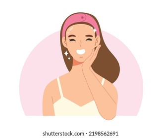 Young beauty female with healthy facial skin after skin care routine. Concept of moisturizing, taking care of facial skin, beauty spa, cleaning. Flat vector illustration character. 