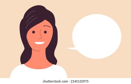 Young beauty girl with a happy smile on face. Woman talking, bubble for text. Avatar female. Flat vector illustration