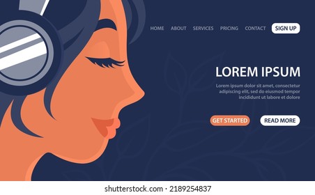 The young beauty girl listens to music with headphones. Face in profile. Music album concert podcast. Stereo sound. Lifestyle, relax and hobby. Design for banner, website. Cartoon vector illustration