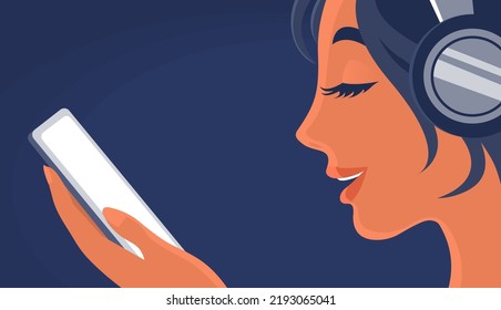 The young beauty girl listens to music with headphones. Smartphone audio player in hand. Face in profile. Vector flat illustration. Banner background with empty space for text