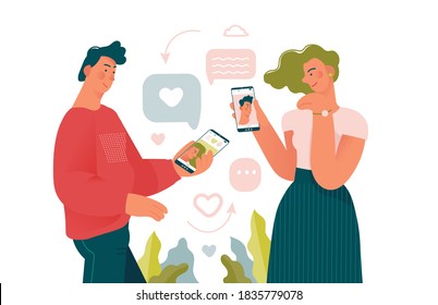 Young beauty man and woman loking for a couple in dating mobile app.Online dating creative concepts for designer templates.Colorful cartoon vector illustration, flat design.