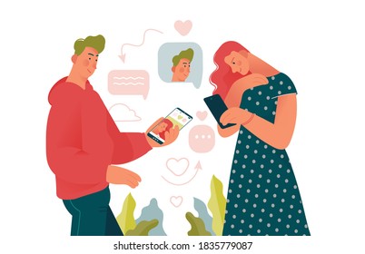 Young beauty man and woman loking for a couple in dating mobile app.Online dating creative concepts for designer templates.Colorful cartoon vector illustration, flat design.