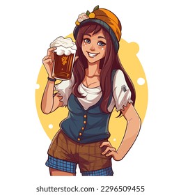 Young beauty Oktoberfest waitress, wearing a traditional dress, serving big beer mugs on whitebackground. cartoon vector illustration, white background, label, sticker, t-shirt design