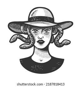 Young beauty woman with snakes from under the hat as Medusa Gorgo sketch halftone pattern vector illustration. Scratch board imitation. Black and white hand drawn image.