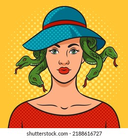 Young beauty woman with snakes from under the hat as Medusa Gorgo pop art retro vector illustration. Comic book style imitation.