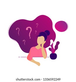 Young beauty woman thinking sitting under question marks. Vector flat modern trendy beuty style illustration character icon. Woman girl surrounded by question marks concept. Girl think 