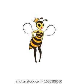 Young bee in a trendy striped dress and crow. A beautiful wasp princess with wings stands resting her hand on her side.Teenager girl with pink lips and big black eyes. Isolated vector black and yellow