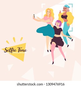 Young Best Friends Have Fun And Make Selfies On Mobile Phone Camera Flat Vector Illustration. Fashion Stylish Girls Have Selfie Time