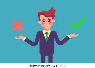 Young bewildered businessman shrugs. Dilemma and difficult choice. Vector illustration.