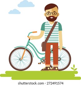 Young bicyclist rider hipster man with bike isolated on white background in flat style