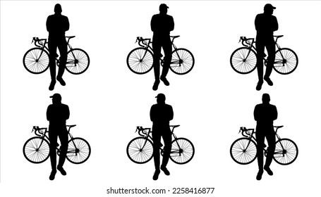 A young big guy in a cap sits on a bicycle frame, his hands folded in front of him. The cyclist leaned on the bike and looks around. Bicycle: side view, Man: front view, looking at the camera.