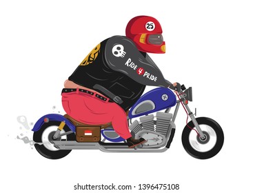 Young big riding a chopper. Millennial big boy in a red helmet on a big heavy motorcycle, Vector flat style cartoon illustration.